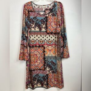 Women’s Tacera Multicolor Patchwork Paisley Print Bell Sleeve Shift Dress Sz L